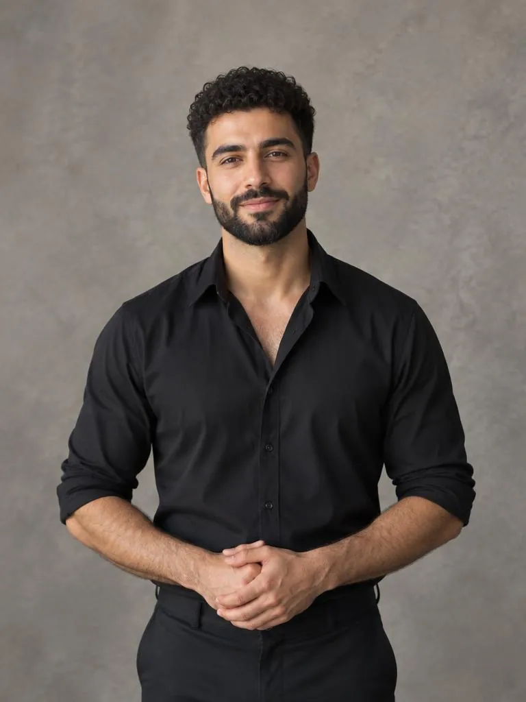 Adam, senior stylist, half-body studio portrait