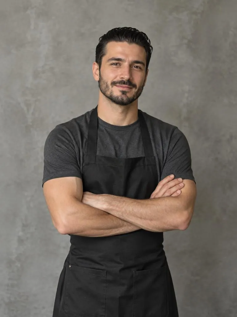 Leo, master barber, half-body studio portrait